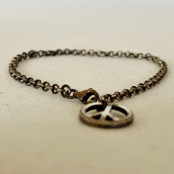 Peace Symbol Charm Bracelet Antique Silver Tone Metal Link Chain Vintage 7.5" - Picture 5 of 5